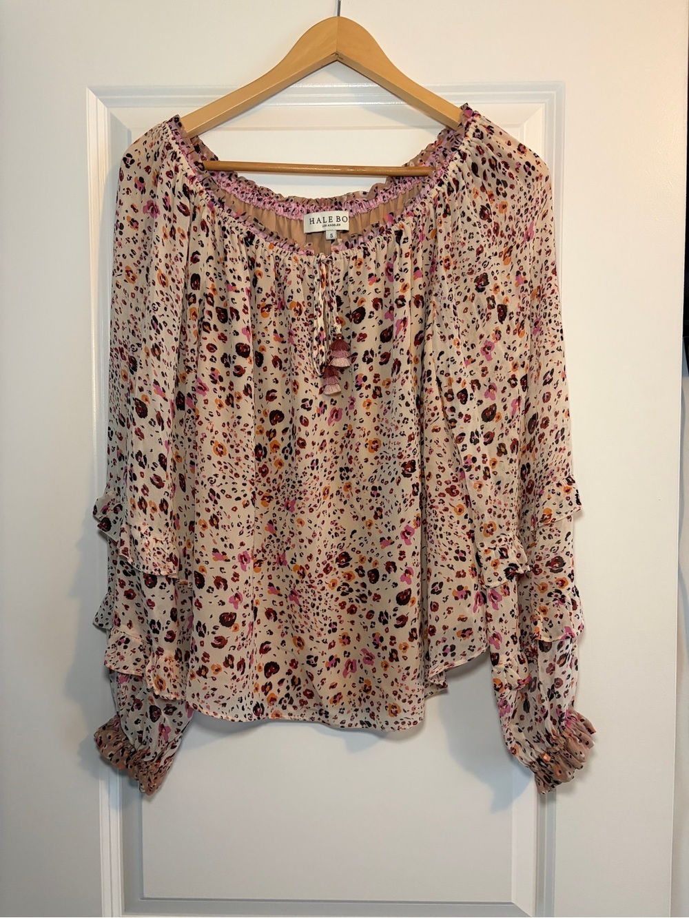 Hale Bob | Cream and Pink Floral Animal Print Peasant Blouse - oversized